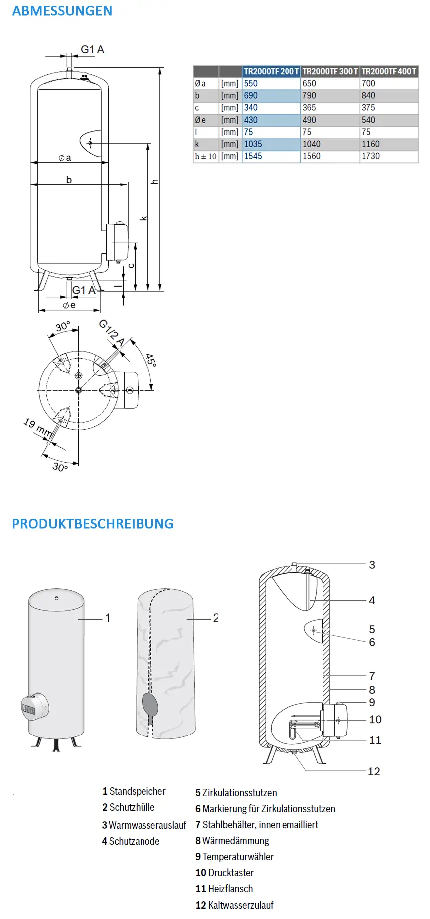 Vertikaler Speicherbehälter von Bosch mit Rundform und mehreren Anschlüssen, dargestellt in technischen Zeichnungen mit Maßen und Produktkomponenten.